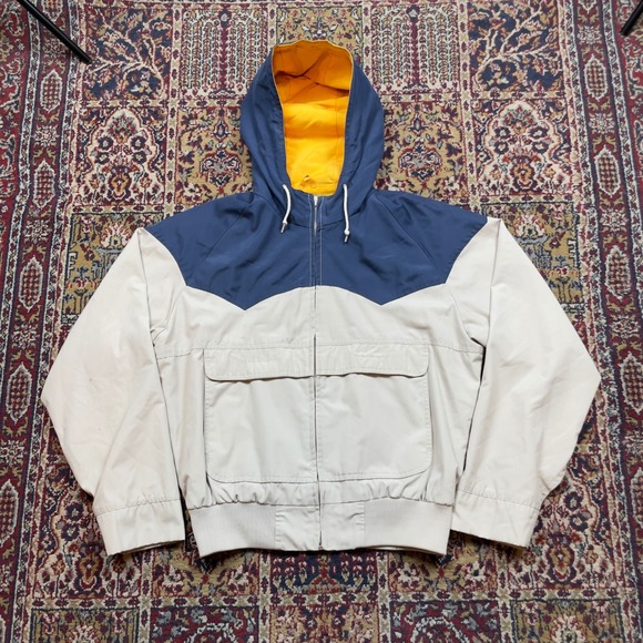 VTG 70s Pacific Trail Hooded Western Santa Fe Zip Bomber Jacket L Blue Brown YLW